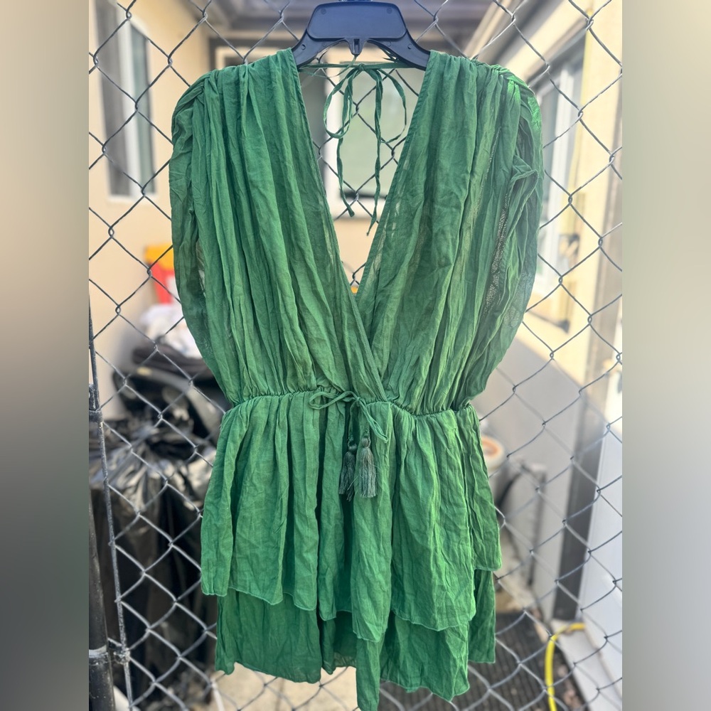 Zara Dark Green V-Neck Tiered Romper with Tassel Tie